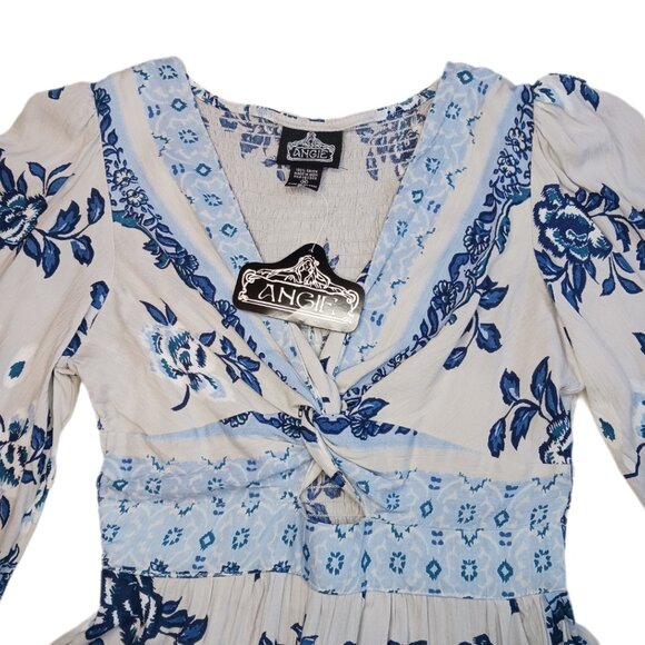 Angie Womens Size Medium Dress Boho Short Keyhole Blue Long Sleeve Ladies M - Picture 5 of 12